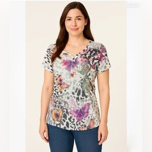 Apt. 9 Rhinestone Bedazzle Bling Butterfly Cheetah Print Shirt Blouse L